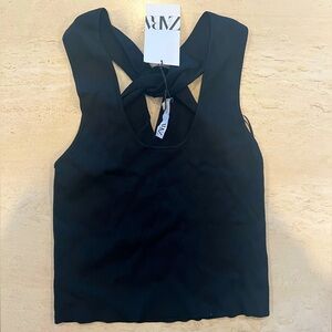 Zara Ribbed Cross Back Tank Top Black in Small